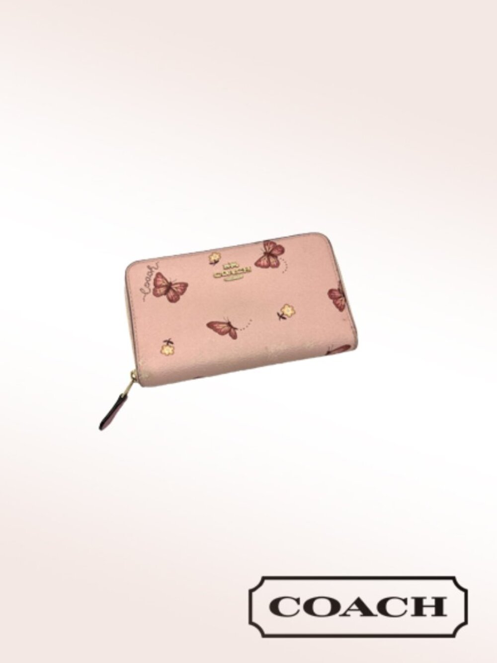 Coach Pink Butterfly Zip Wallet with Gold Logo